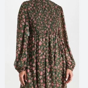 MISA Los Angeles Floral Smocked Mini Dress Green Long Sleeve Size L